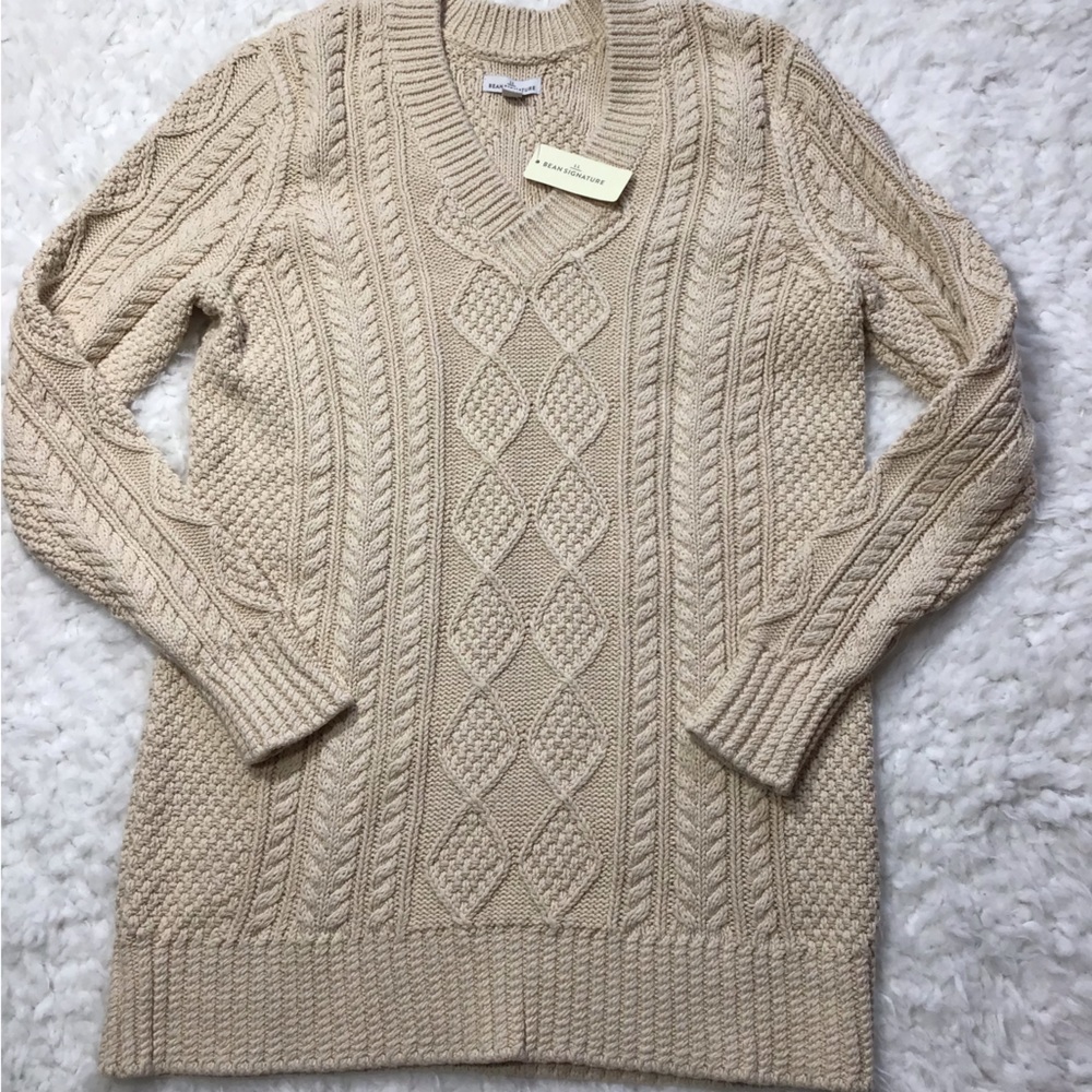 NWT Womens LL Bean Cotton Signature Fisherman Cable Knit V-Neck Sweater